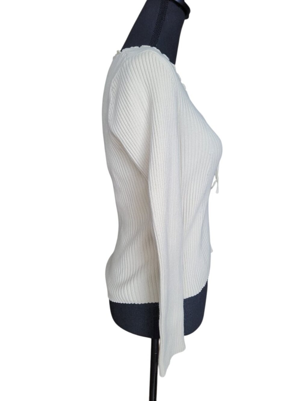 Ralph Lauren Cream Square Neck Lace Trim Ribbed Tie Front Shirt Women's Size M - Picture 7 of 9